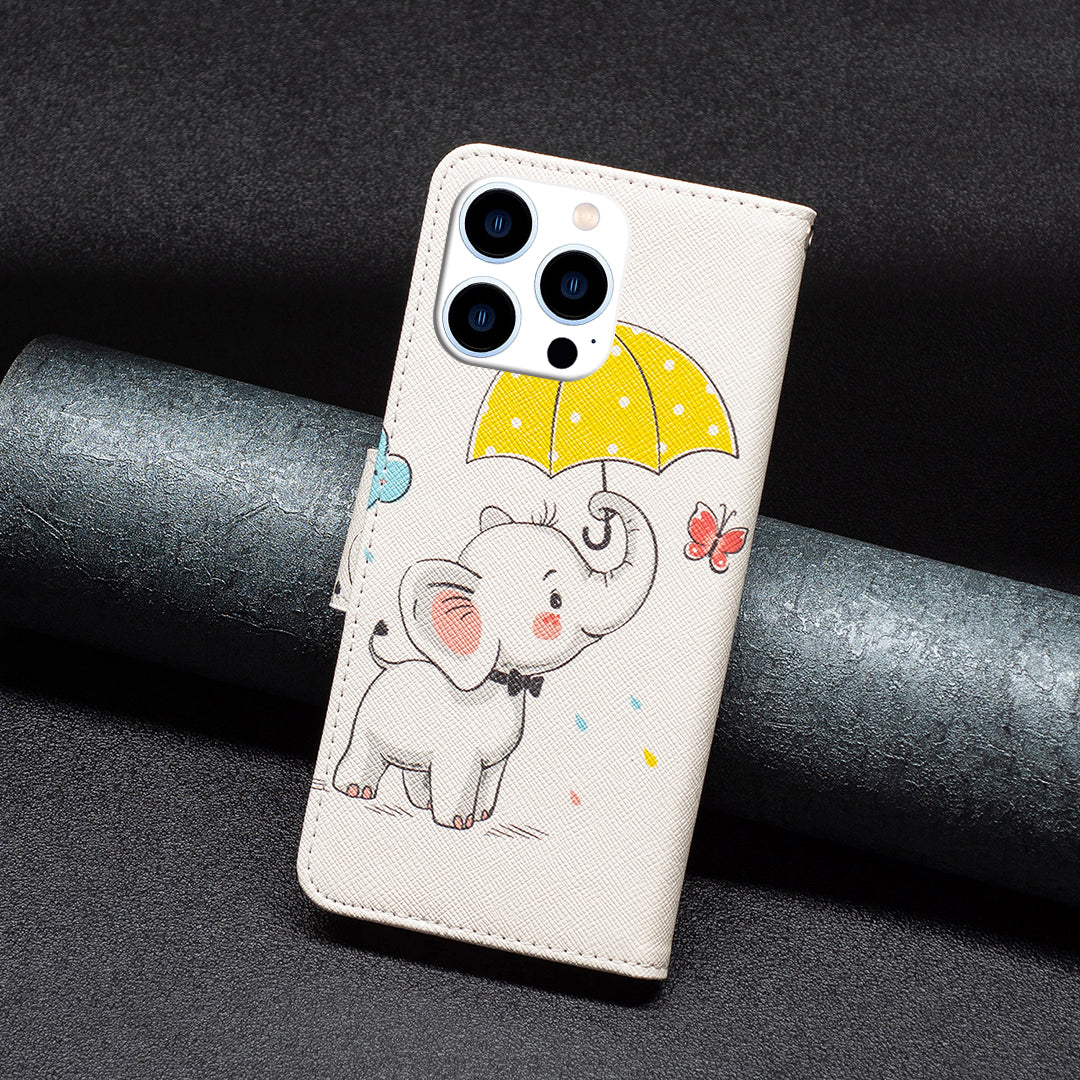 PU Leather Stand Wallet Case for iPhone 15 Pro , Pattern Printing Full Protection Phone Cover - Umbrella and Elephant PU Leather Stand Wallet Case for iPhone 15 Pro , Pattern Printing Full Protection Phone Cover - Umbrella and Elephant